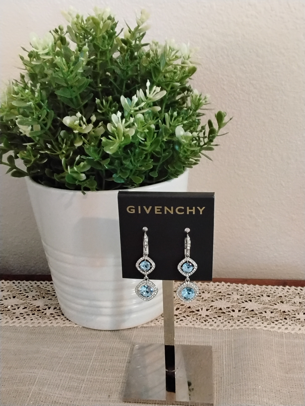 Givenchy Silver-Tone Drop Earrings with Sky Blue Crystals - Picture 2 of 3